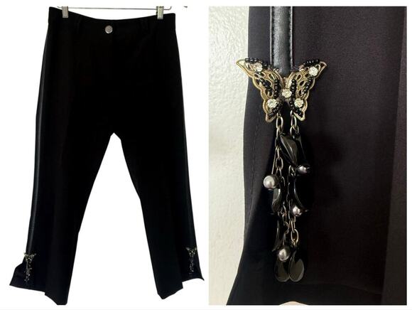 Absolu Confort Paris Pants - Y2k ABSOLU Confort Paris Black Butterfly Embellished Capri Pants US 8 FR 40 Chic